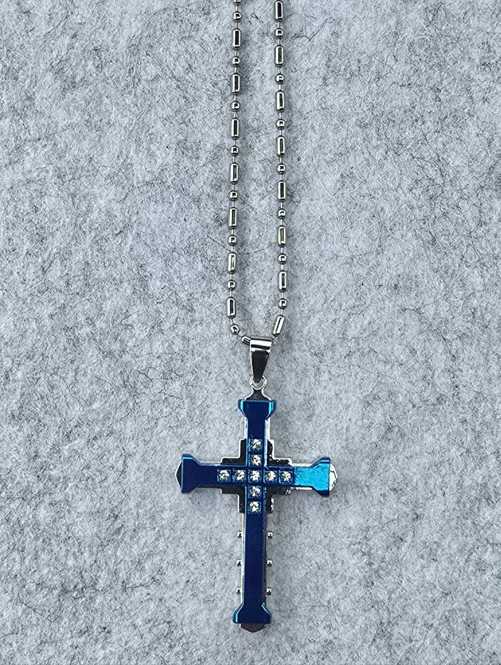 Blue Stainless Steel Cross Pendant Necklace Christian CZ Crystal Crucifix 24 In